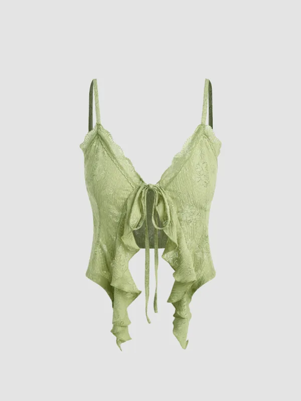 Lace Ruffle Hem Knotted Knit Crop Top sold by Cider