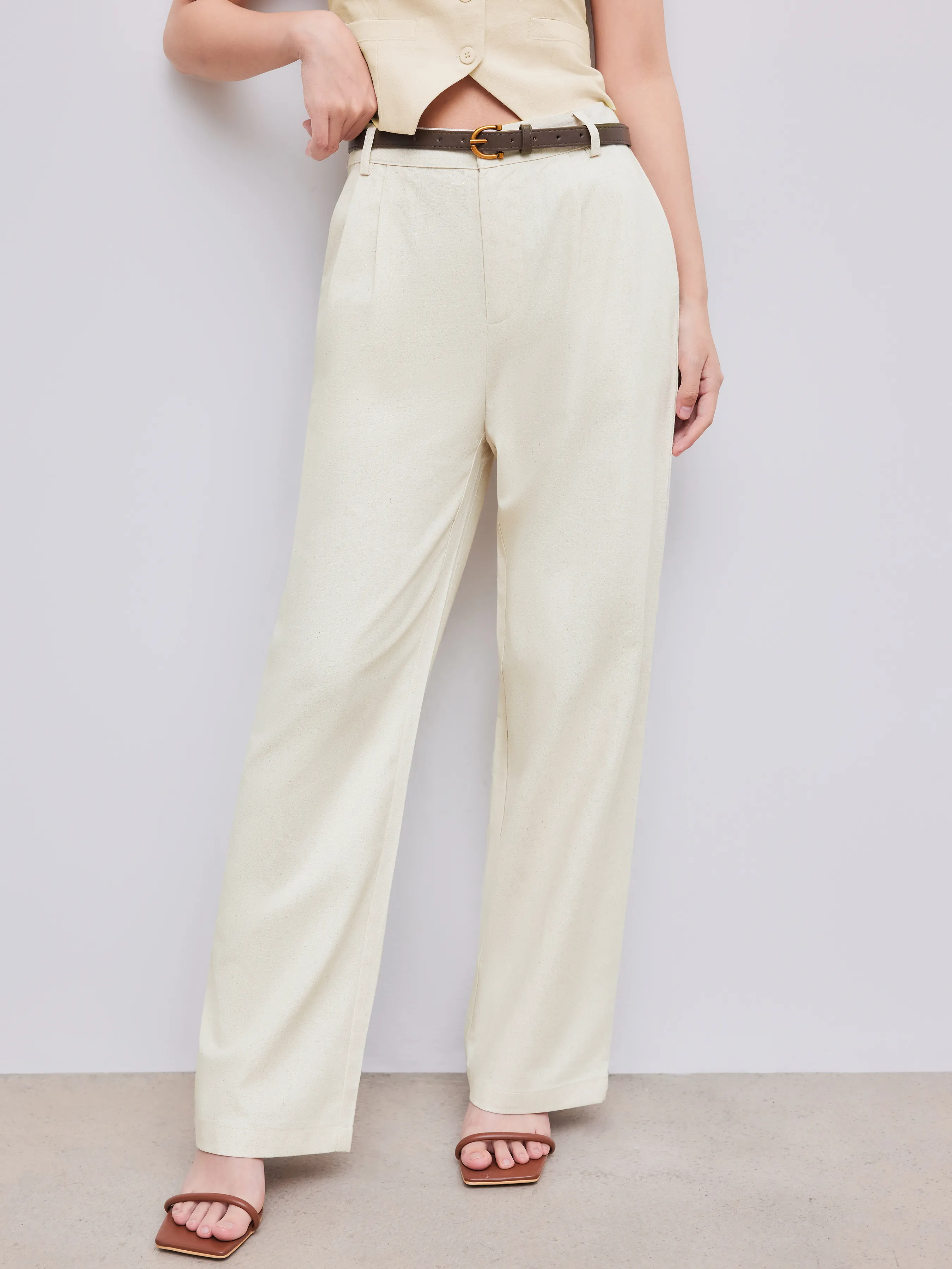 Linen-Blend Solid Wide Leg Pants With Belt sold by Cider