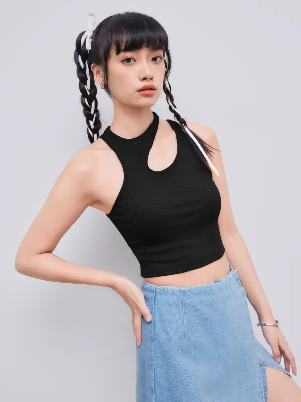 Solid Asymmetrical Sleeveless Crop Top sold by Cider