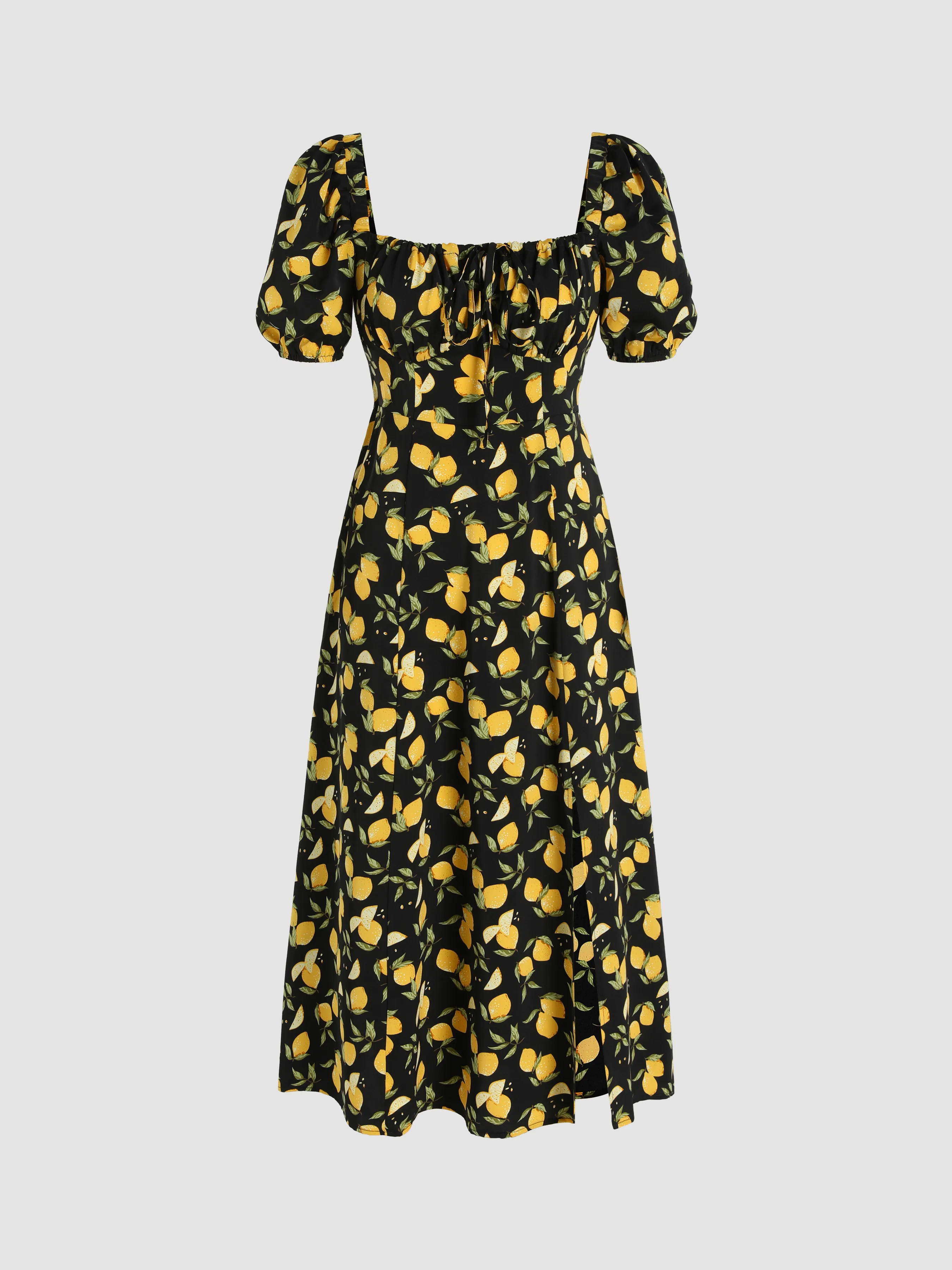 Lemon Split Knotted Shirred Midi Dress sold by Cider
