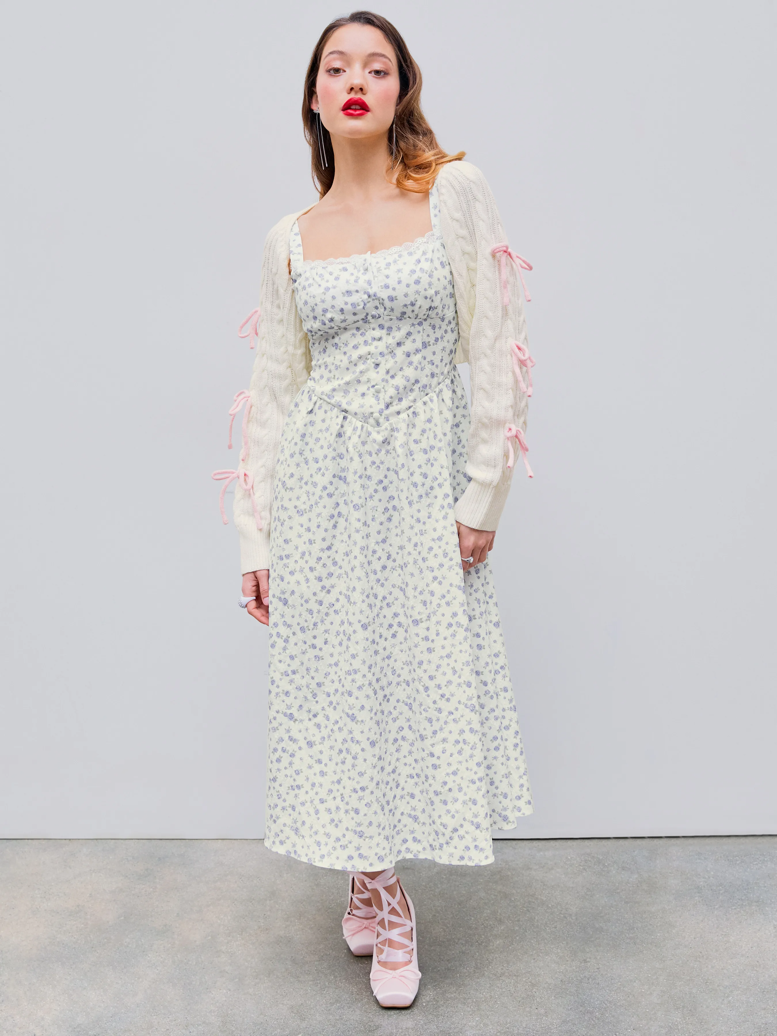 Square Neck Floral Corset Lace Up Midi Dress sold by Cider