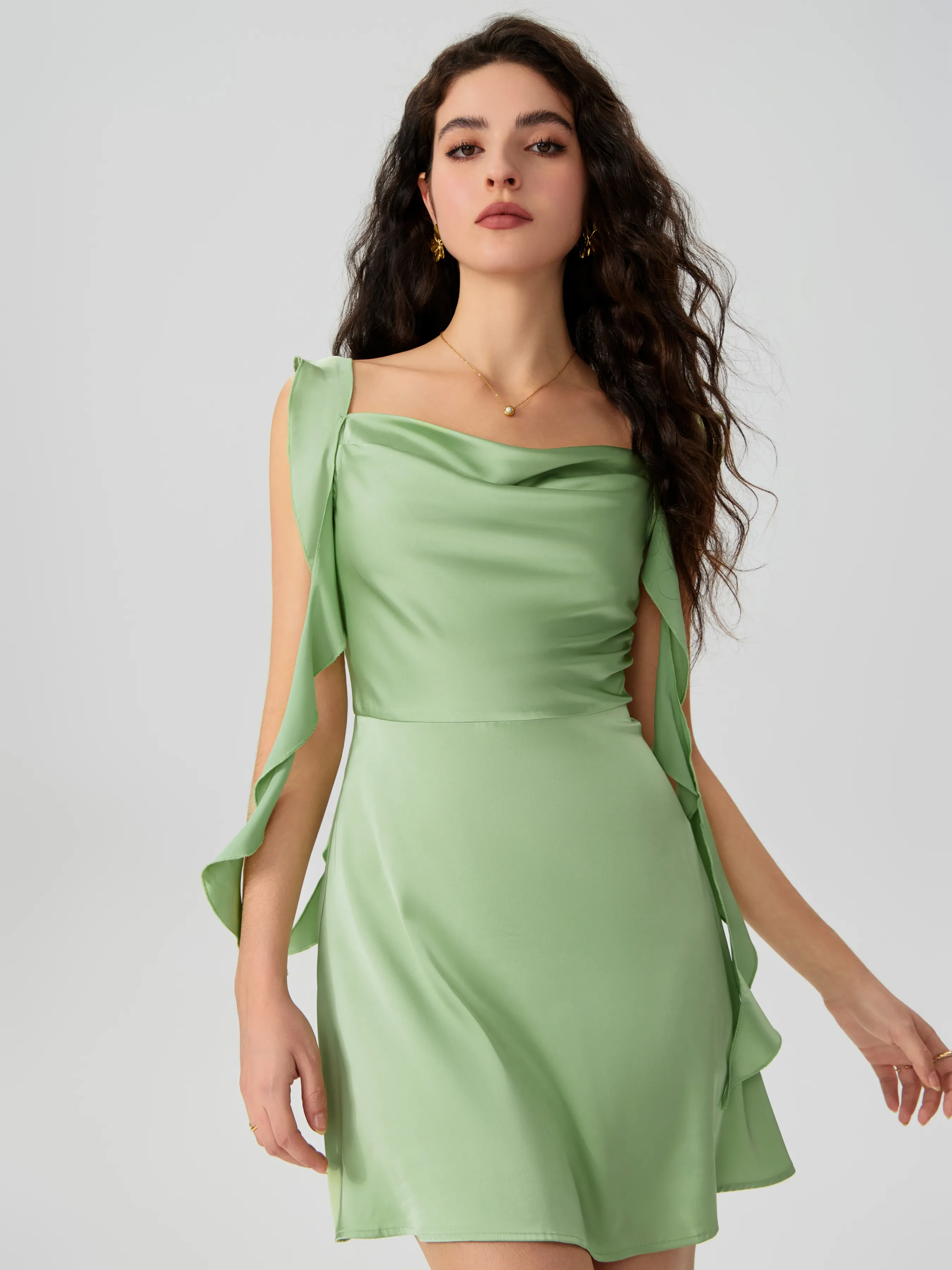 Satin Ruched Ruffle Hem Mini Dress sold by Cider
