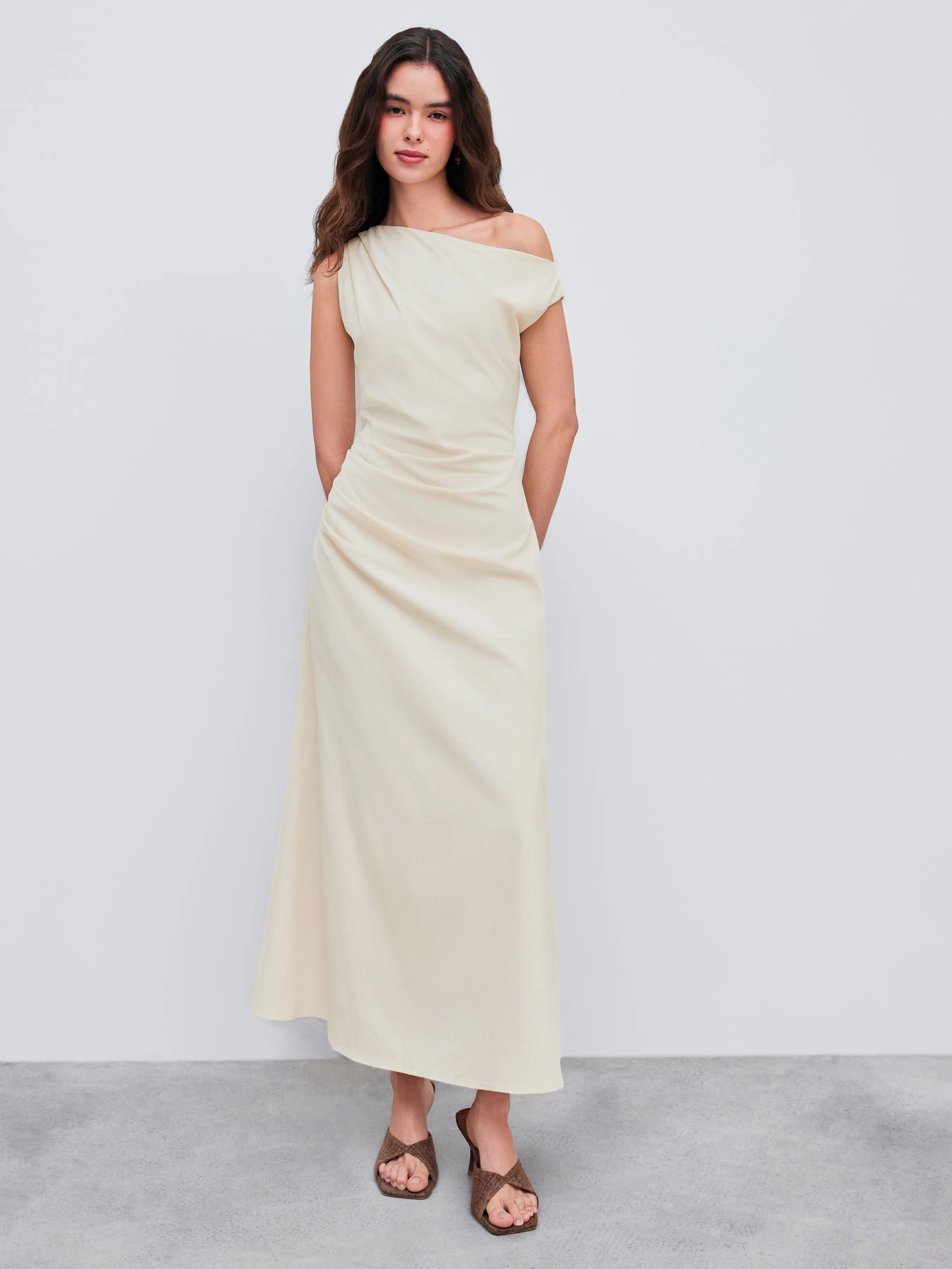 Asymmetrical Neck Solid Ruched Maxi Dress sold by Cider