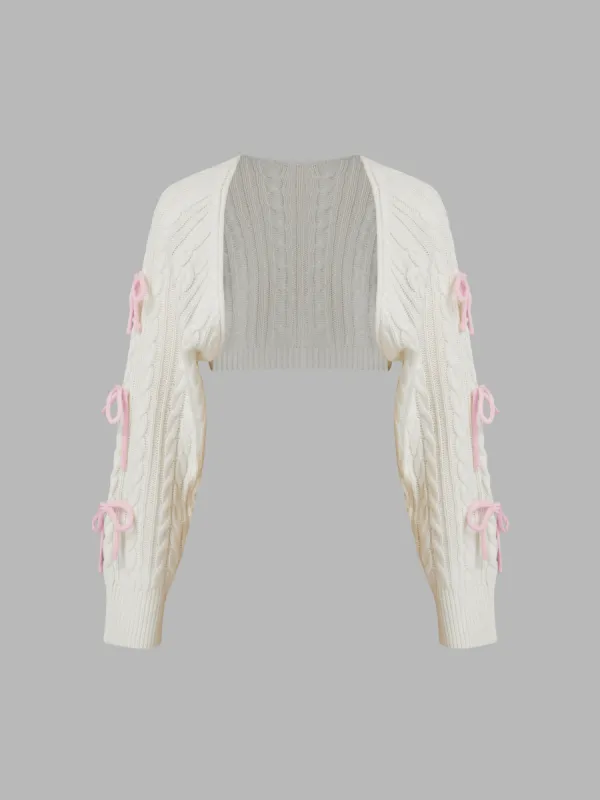 Cable Knit Bowknot Long Sleeve Shrug sold by Cider