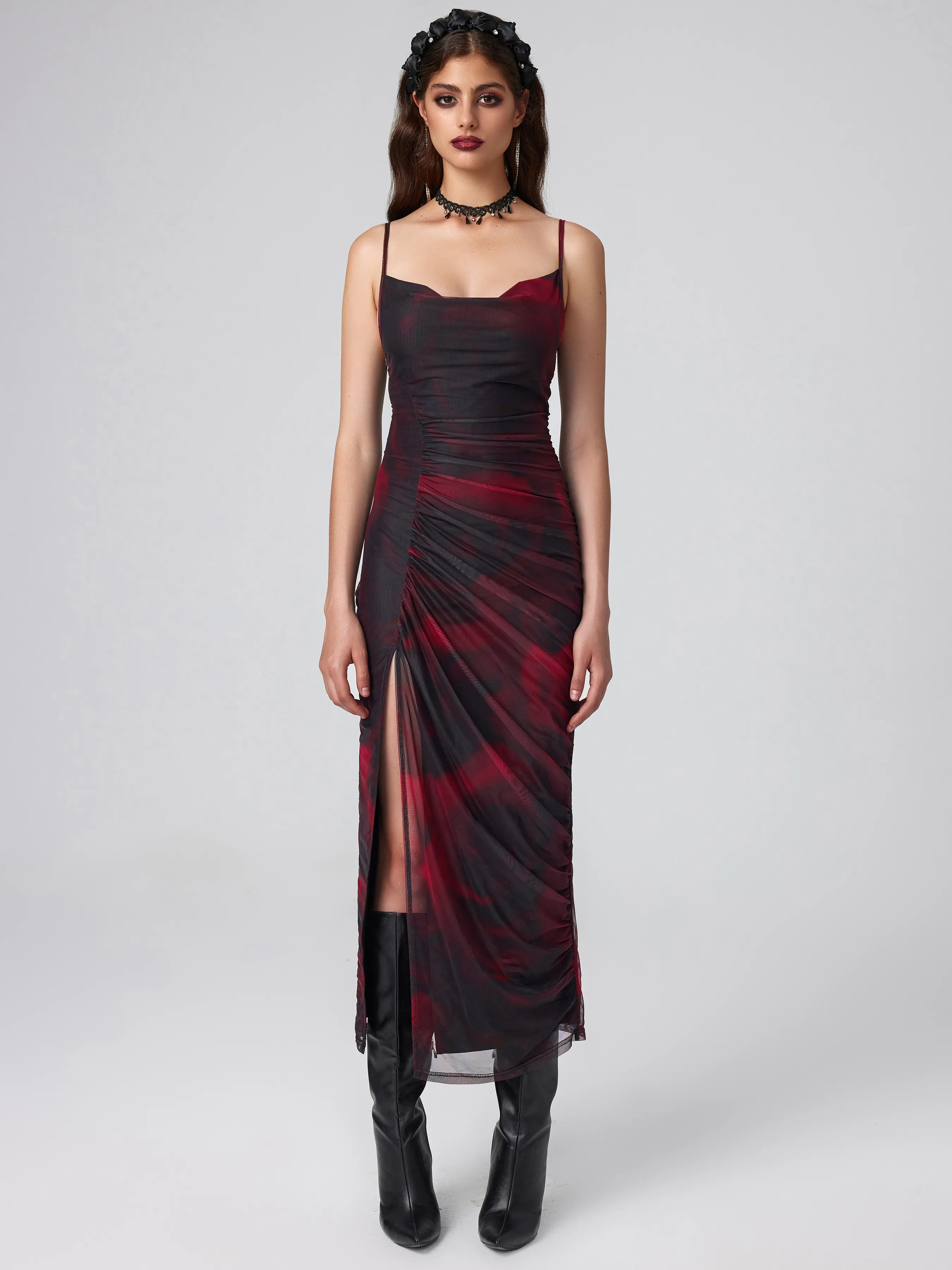 Mesh Cowl Neck Ruched Split Midi Dress sold by Cider
