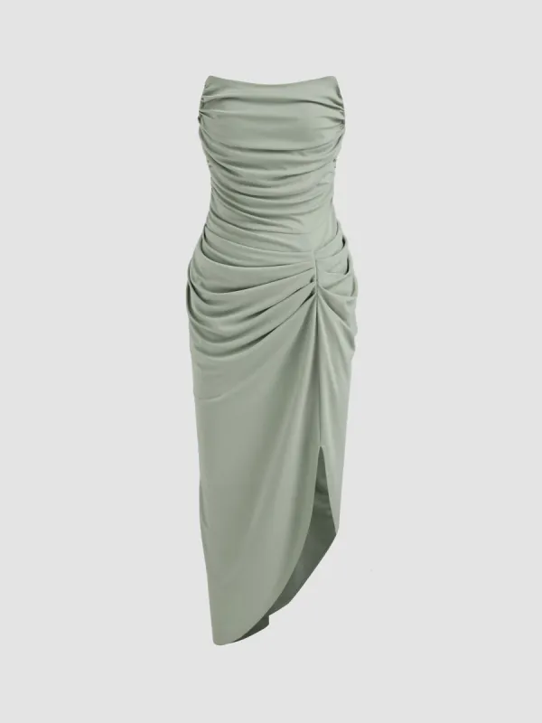 Solid Ruched Asymmetrical Tube Midi Dress sold by Cider