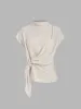 Stand Collar Knotted Ruched Solid Short Sleeve Blouse sold by Cider