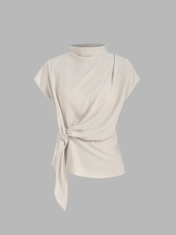 Stand Collar Knotted Ruched Solid Short Sleeve Blouse sold by Cider