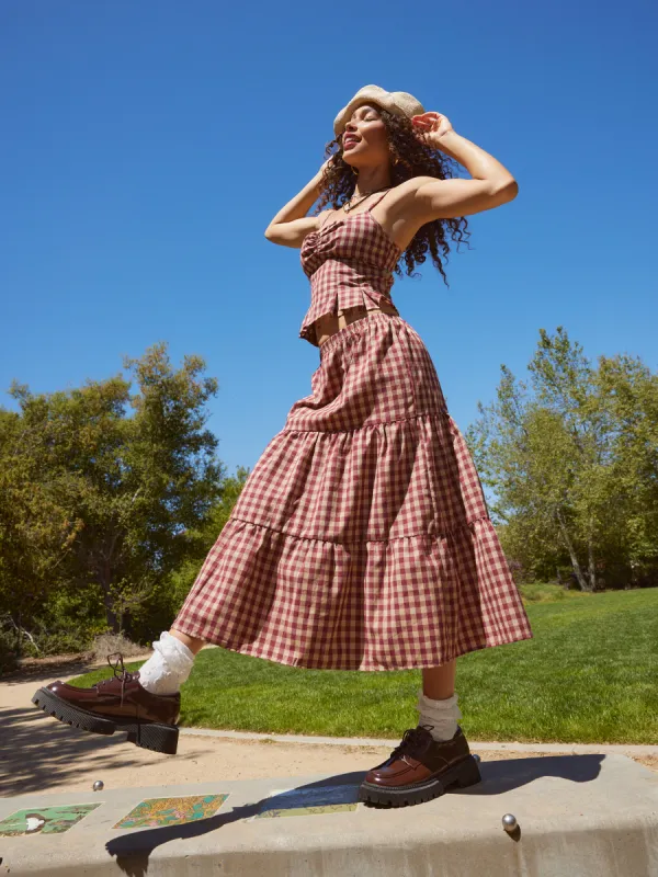 Woven High Rise Gingham Tiered Midi Skirt sold by Cider