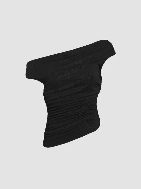Asymmetrical Neck Ruched Crop Top sold by Cider