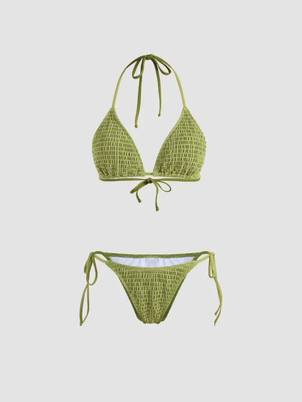 Solid Smocked Triangle Bikini Set sold by Cider