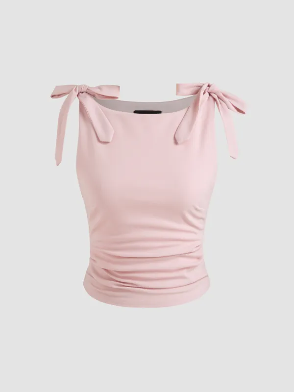 Jersey Scoop Neckline Solid Bowknot Ruched Crop Tank Top sold by Cider