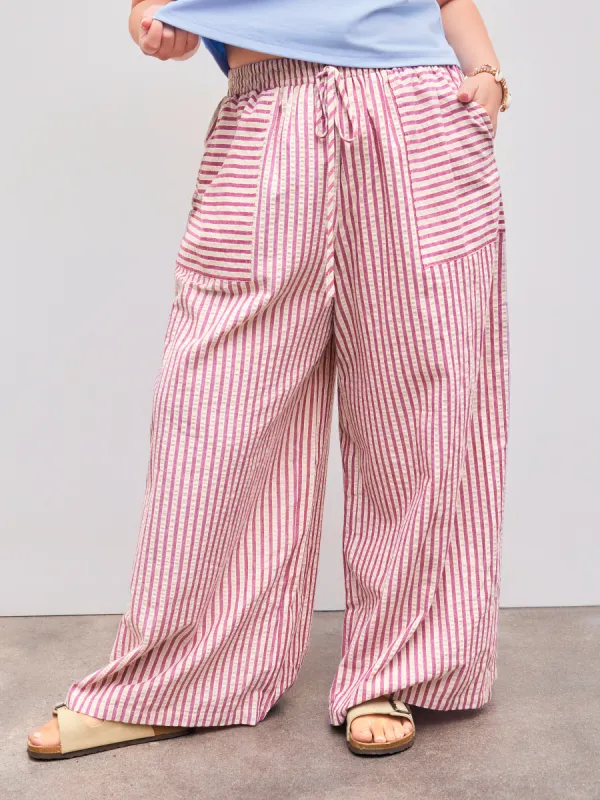 Woven Mid Rise Elastic Waist Striped Pocket Wide Leg Trousers Curve & Plus sold by Cider