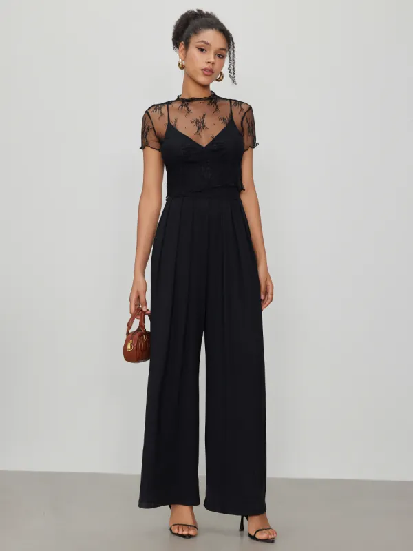 Lace See-through Top & V Neck Wide Leg Jumpsuit sold by Cider