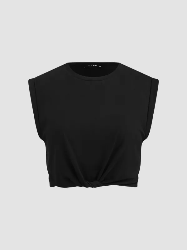 Solid Round Neckline Twist Short Sleeve Crop Top Curve & Plus sold by Cider