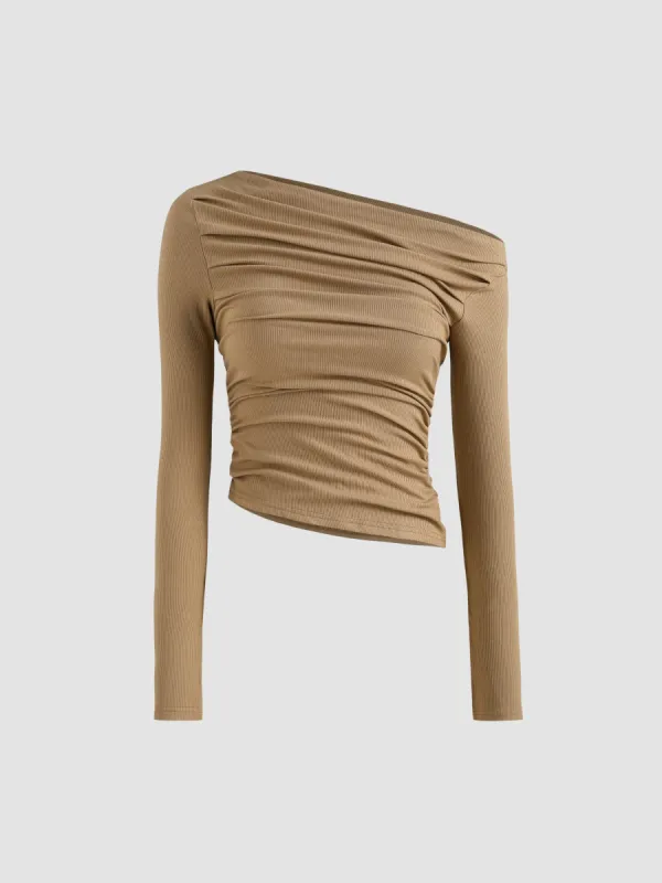 Solid Asymmetrical Neck Long Sleeve Top sold by Cider
