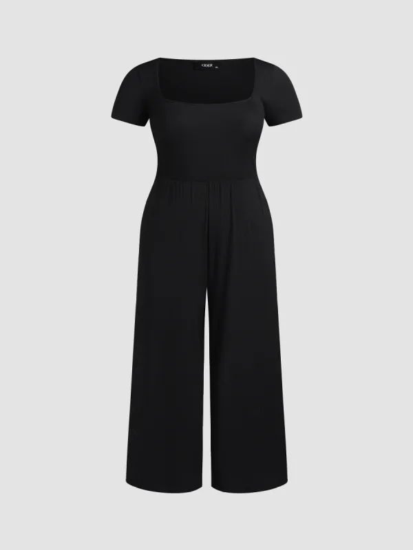 Scoop Neckline Short Sleeve Wide Leg Jumpsuit Curve & Plus sold by Cider