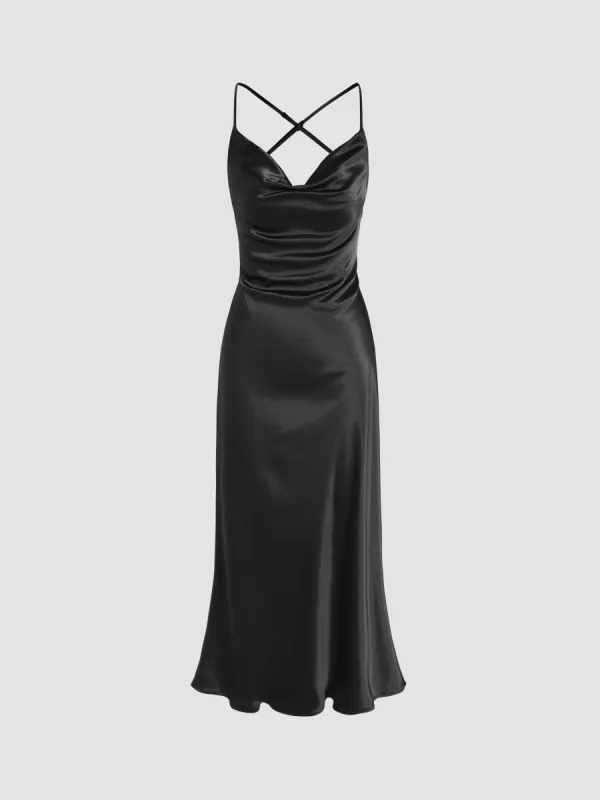 Satin Cowl Neck Sleeveless Mermaid Midi Dress sold by Cider
