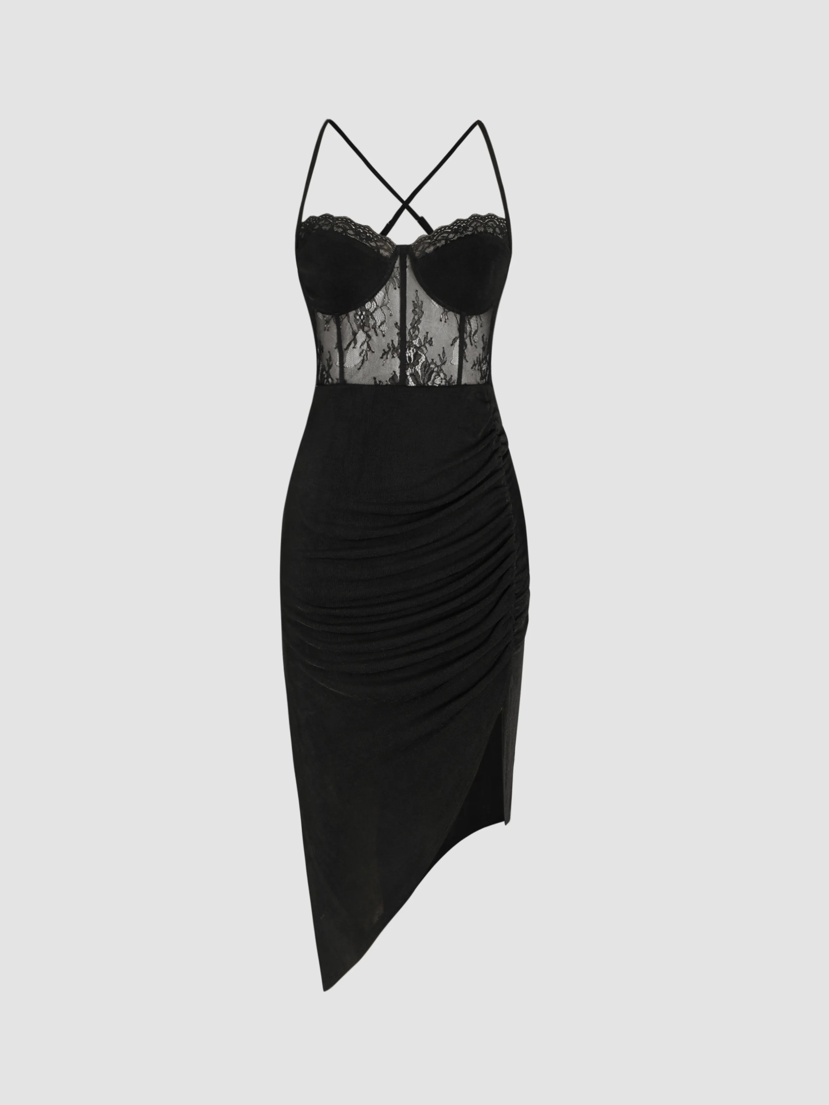 Lace Ruched Split Cami Midi Dress sold by Cider