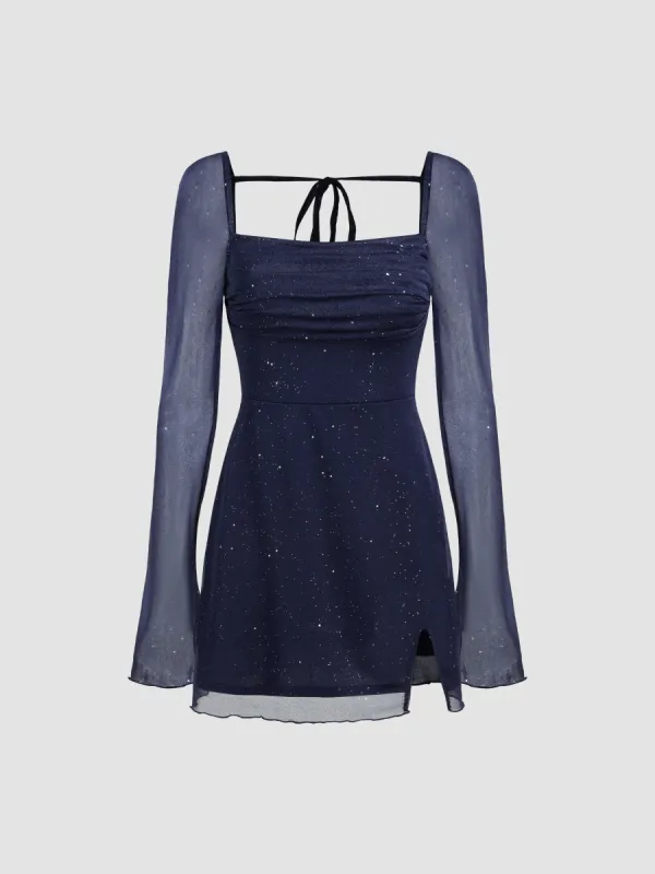 Square Neck Solid Glitter Knotted Mini Dress sold by Cider