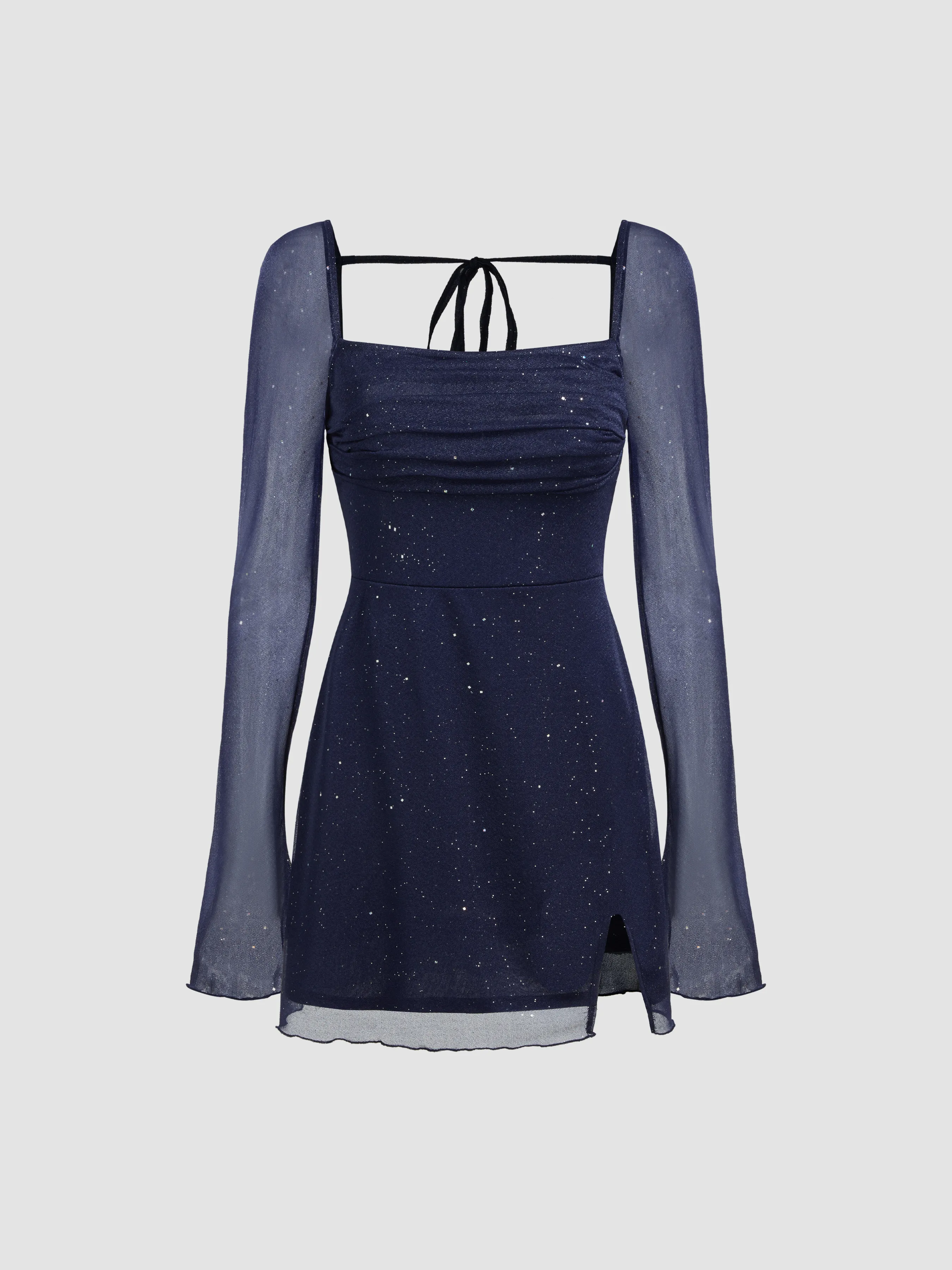Square Neck Solid Glitter Knotted Mini Dress sold by Cider