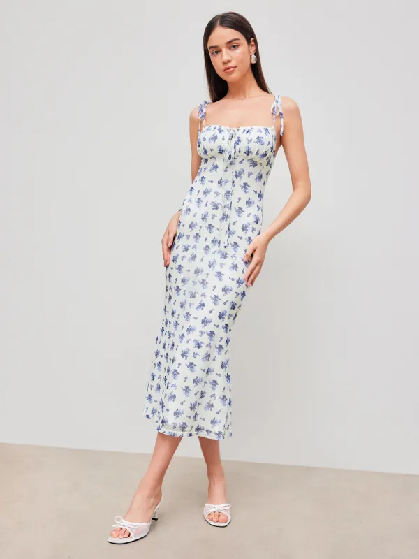 Santorini Beach Vacation Mesh Sweetheart Floral Lace Up Maxi Dress sold by Cider