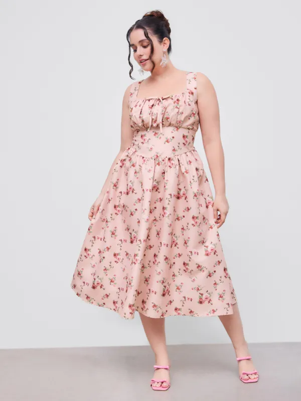 Woven Square Neck Floral Corset Knotted Ruffle Midi Dress Curve & Plus sold by Cider