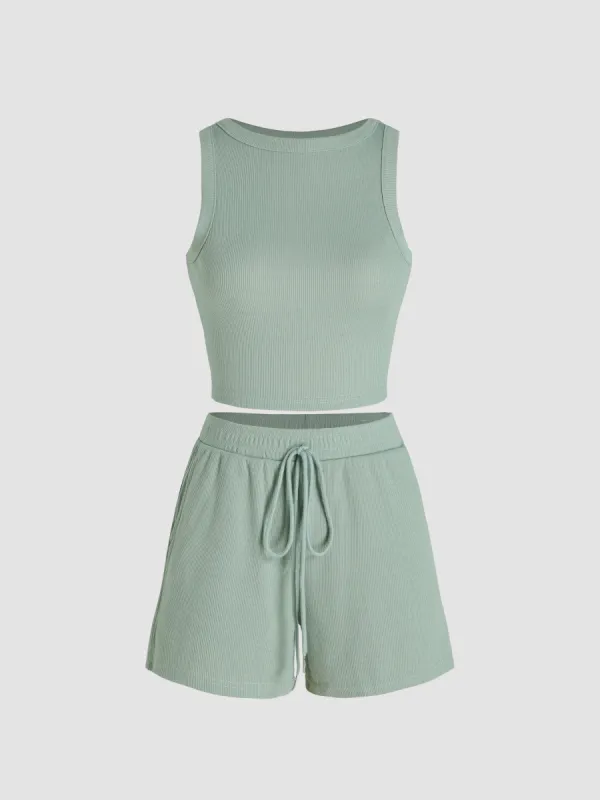 Solid Crop Tank Top & Knotted Shorts Set sold by Cider