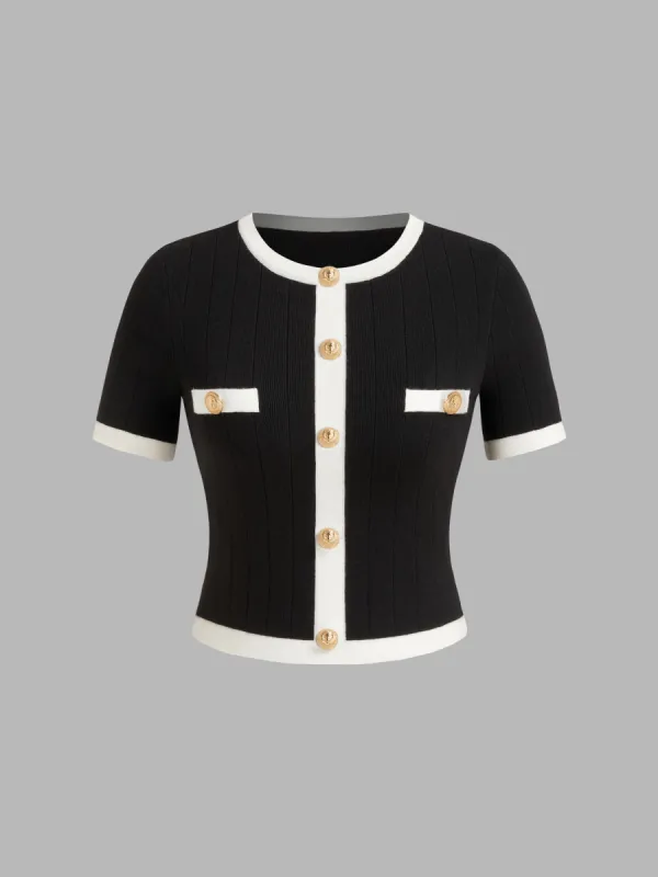 Knitted Round Neck Contrasting Binding Short Sleeve Top made by Cider