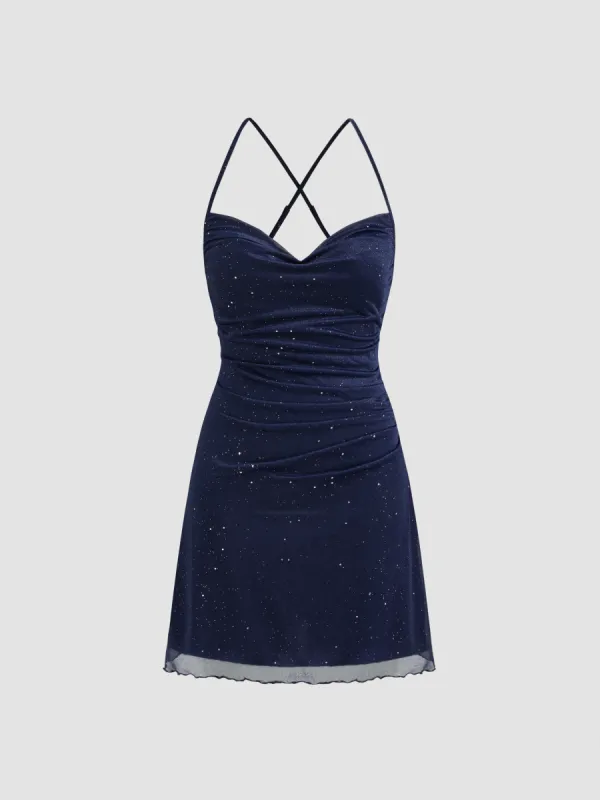 Mesh Cowl Neck Solid Sequin Mini Dress made by Cider