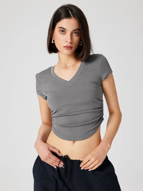 Ruched V-neck Rib Short Sleeve Crop Top sold by Cider
