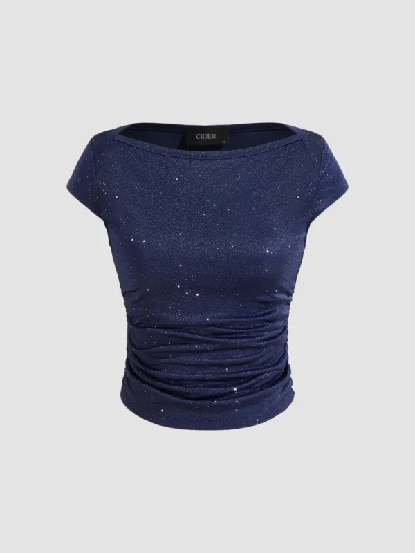 Boat Neck Rhinestone Ruched Short Sleeve Tee sold by Cider