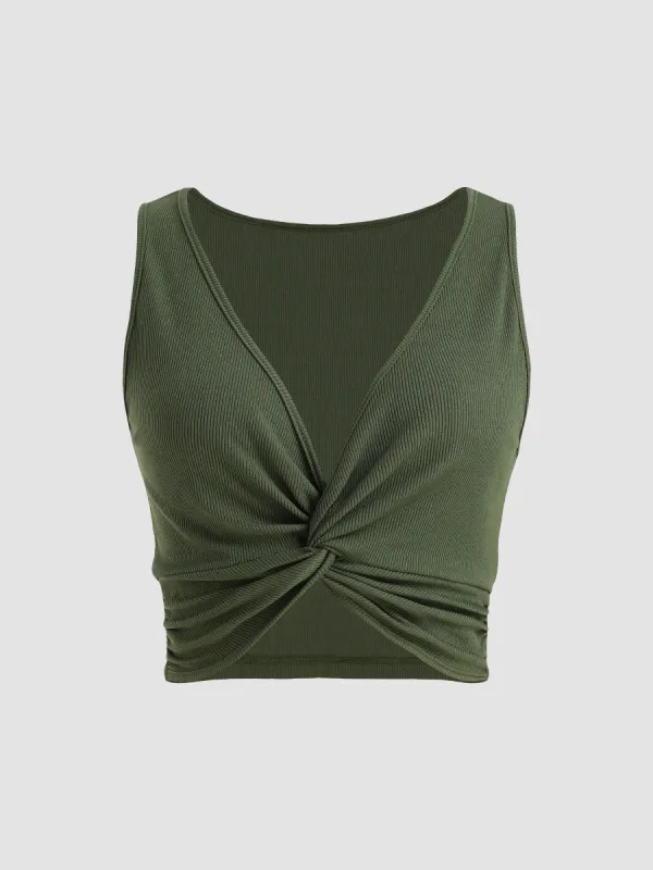 Solid Rib Twist Front Crop Top sold by Cider