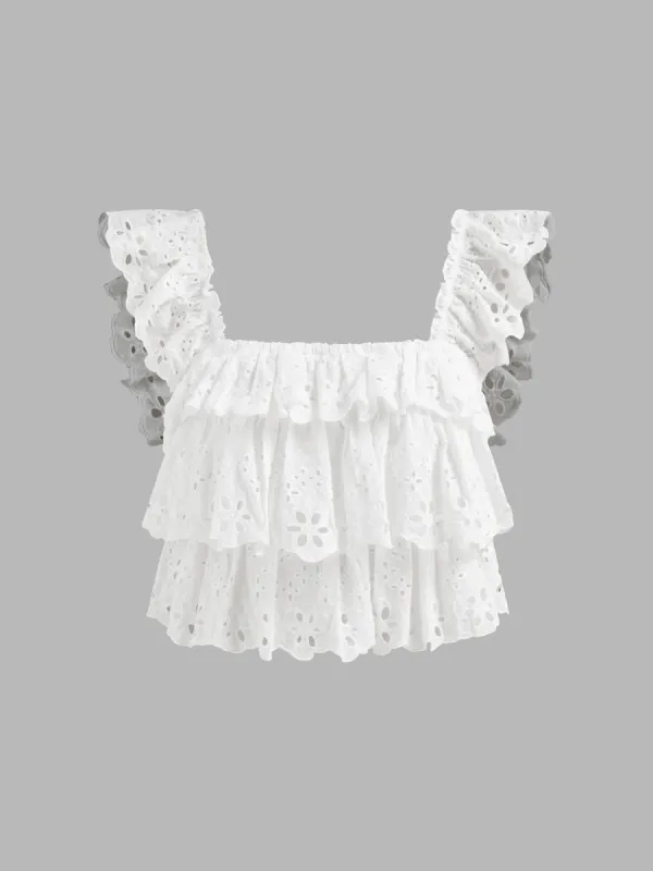 Woven Square Neck Tiered Lettuce Trim Shirred Crop Top sold by Cider