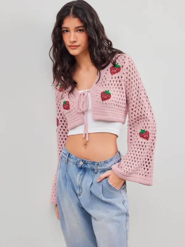 Knit V-neck Strawberry Hollow Out Knotted Cardigan sold by Cider