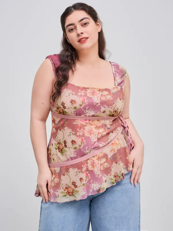 Mesh Square Neckline Floral Asymmetrical Ruffle Trim Knotted Tank Top Curve & Plus sold by Cider