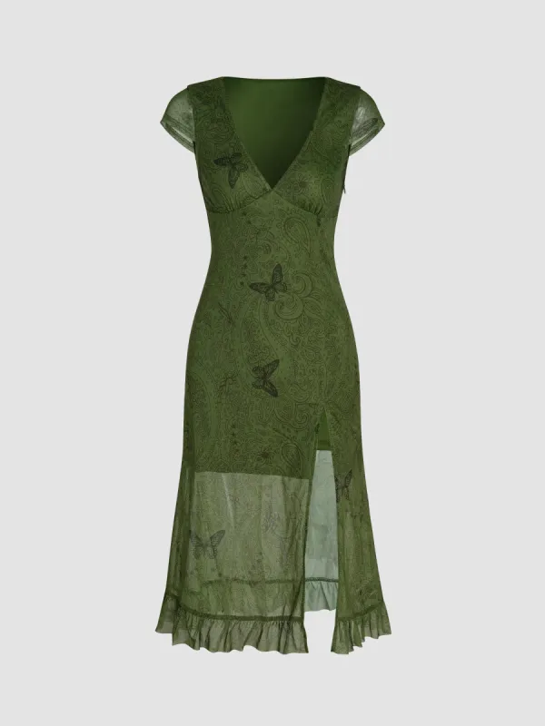 V-neck Butterfly Split Midi Dress sold by Cider