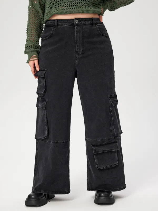 Denim Solid Pocket Cargo Jeans Curve & Plus made by Cider