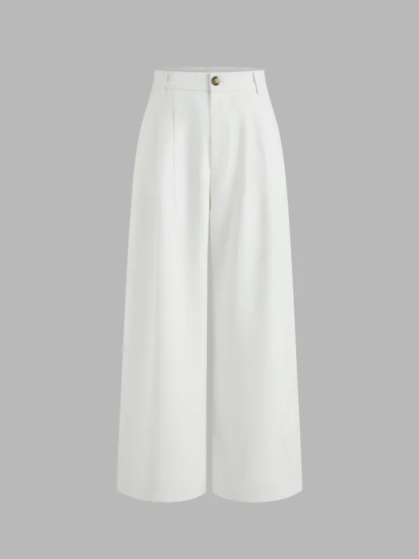 Mid Rise Solid Button Wide Leg Trousers sold by Cider