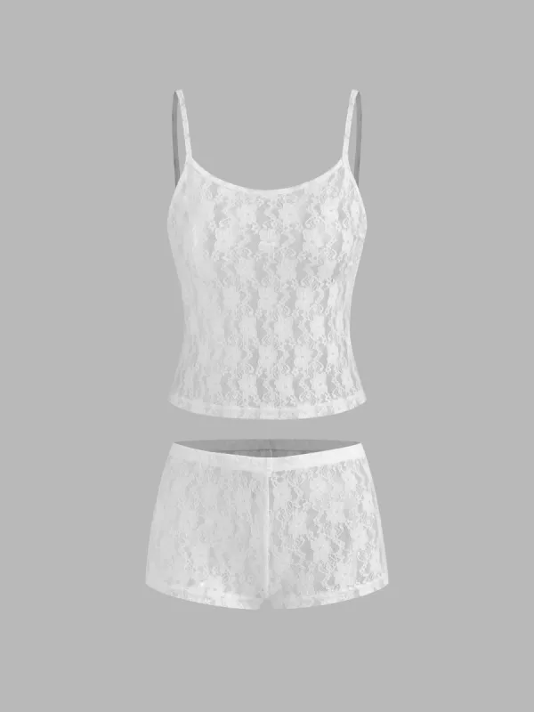Lace Scoop Neckline See-through Cami Top & Lace Mid Rise See-through Shorts Loungewear Sets sold by Cider