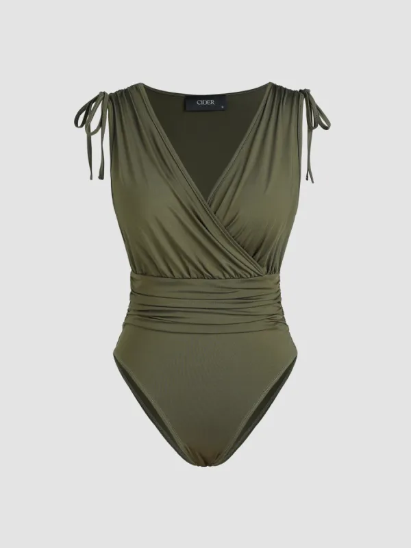 Jersey V-neck Knotted Ruched Bodysuit made by Cider