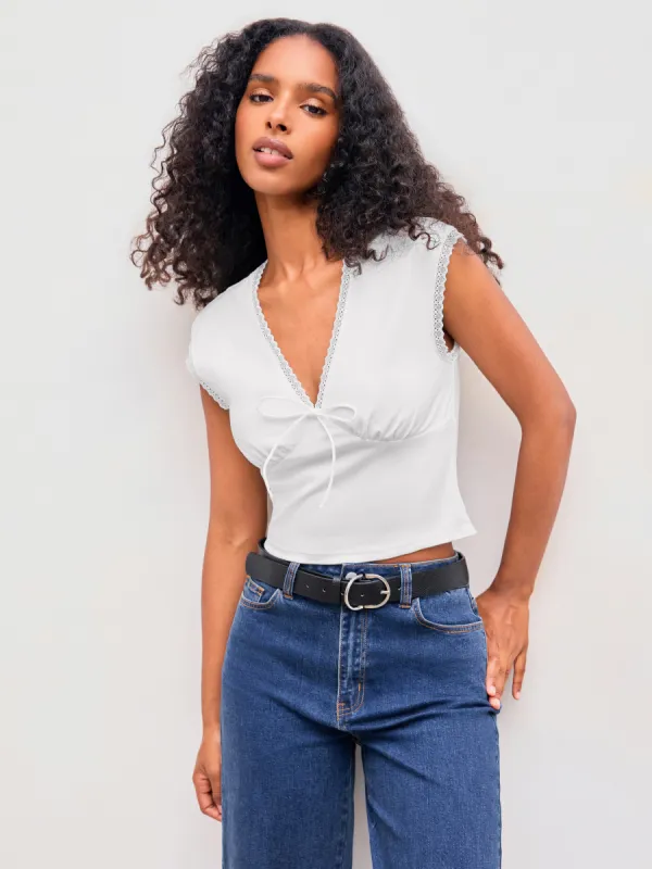 Cotton-blend V-neck Solid Bowknot Short Sleeve Tee sold by Cider