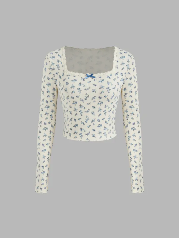Square Neck Floral Bowknot Crop Long Sleeve Tee sold by Cider