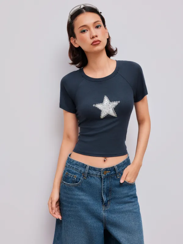 Round Neckline Sequin Star Crop Short Sleeve Tee sold by Cider