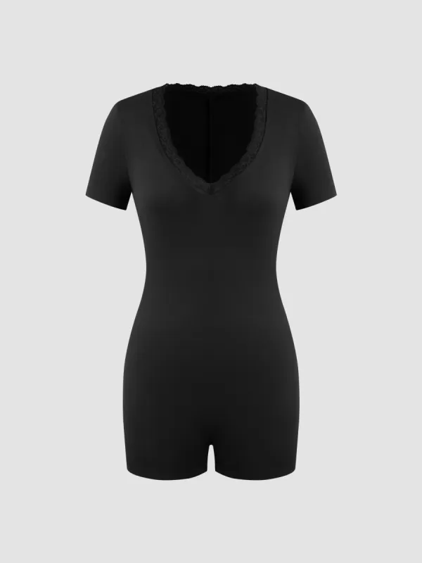 V-neck Lace Trim Solid Lounge Romper sold by Cider