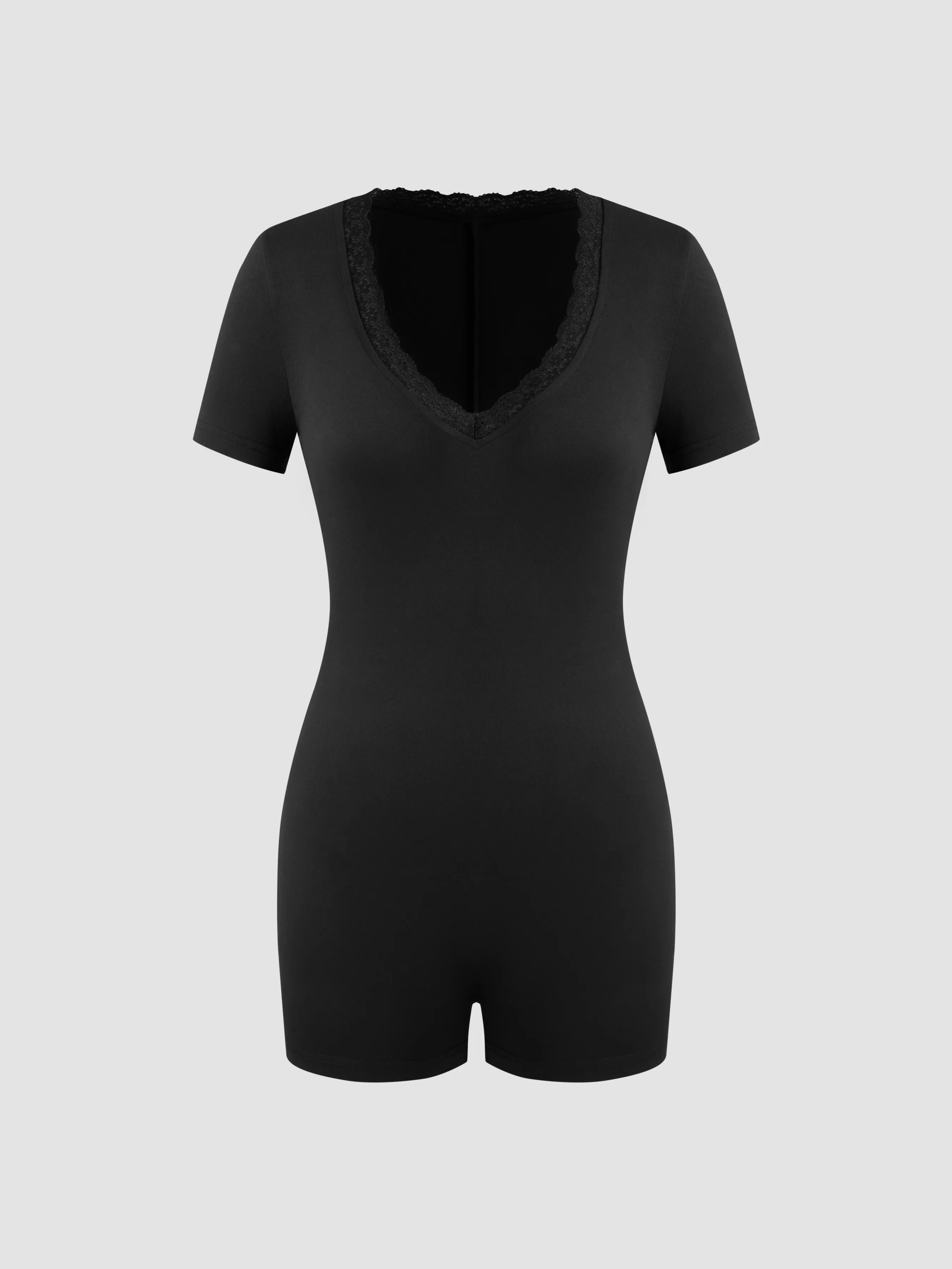 V-neck Lace Trim Solid Lounge Romper sold by Cider