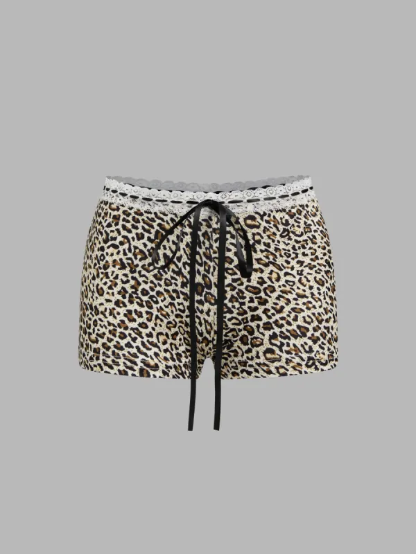 Mid Rise Leopard Lace Trim Knotted Loungewear Shorts sold by Cider