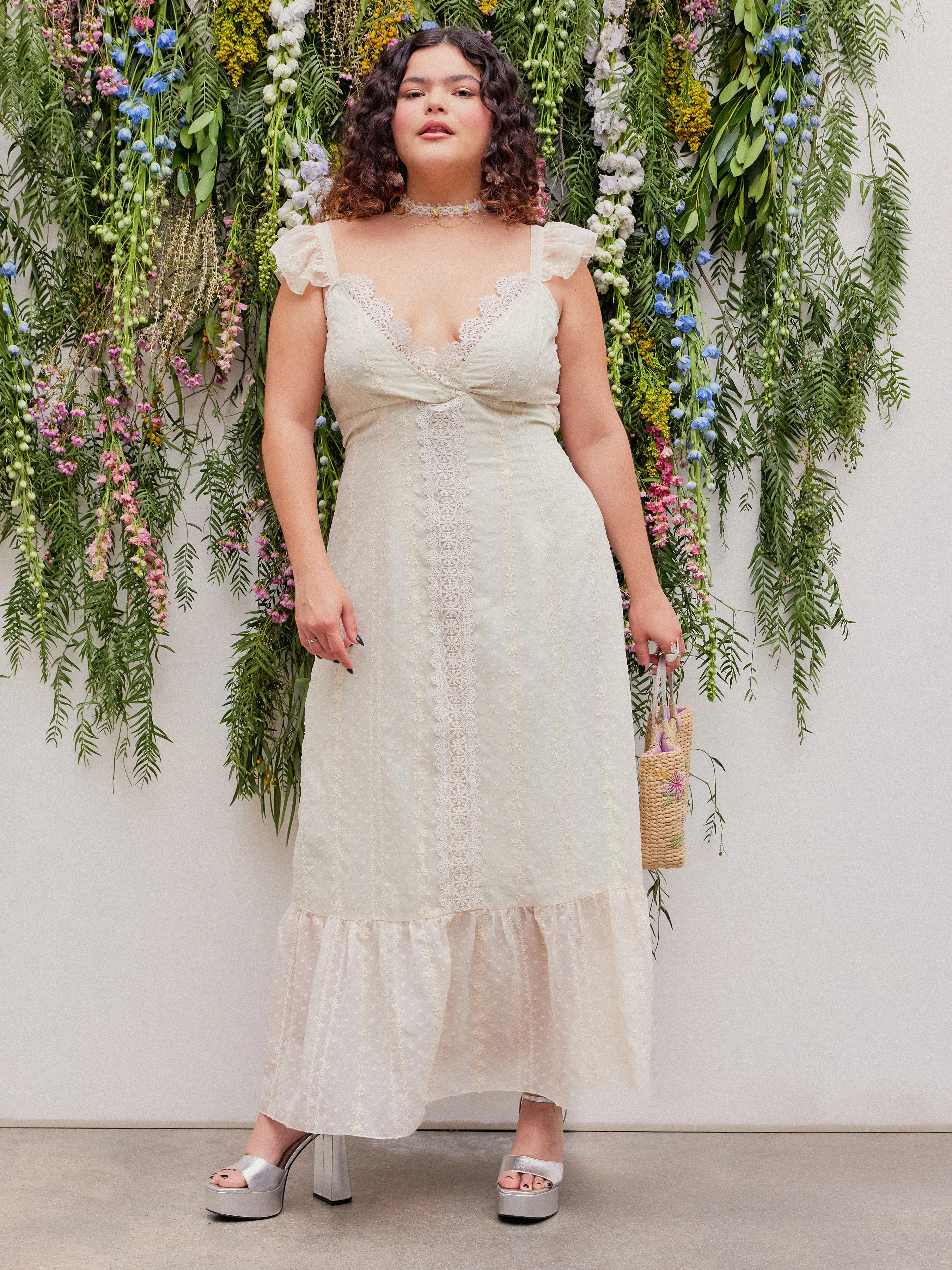 Lace Hem Floral Ruffle Maxi Dress Curve & Plus sold by Cider