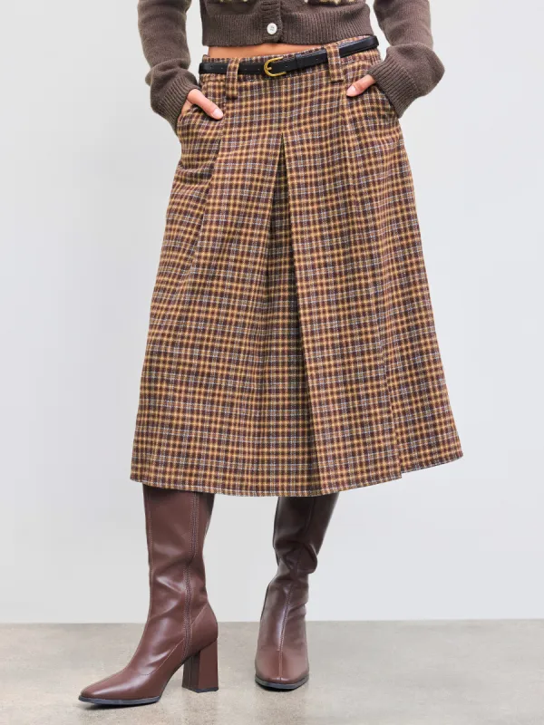 Wool-like Mid Rise Checks Pleated Maxi Skirt With Belt sold by Cider