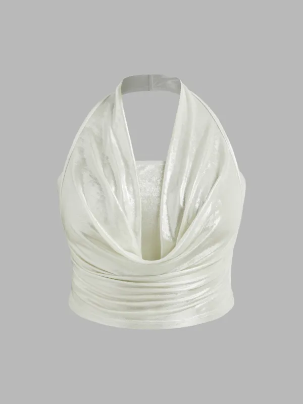 Halter Neckline Backless Ruched Tank Top With Solid Tube Top Curve & Plus sold by Cider